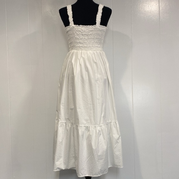 GAP Midi Sundress | Smocked Bodice Ruffled Hem Bright White Cotton | Size Small - Picture 3 of 12